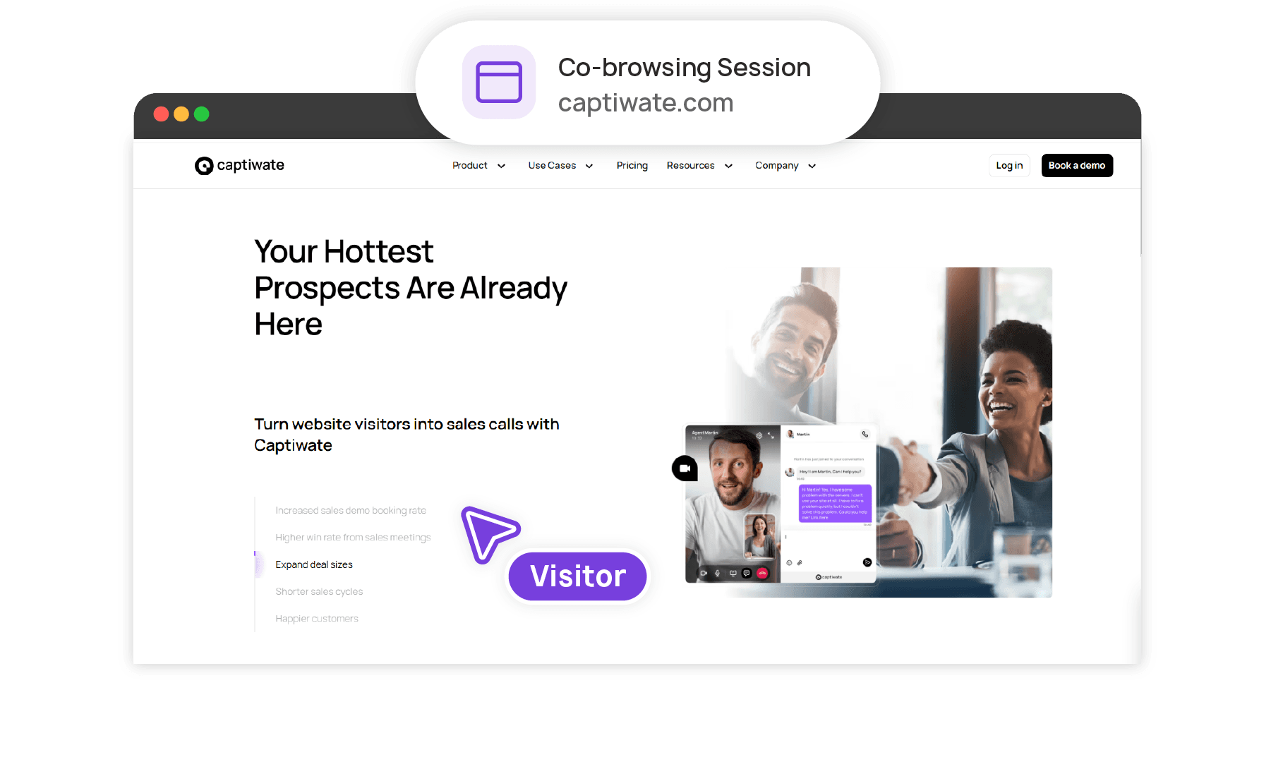 Live co-browsing session showing real-time visitor activity on a website
