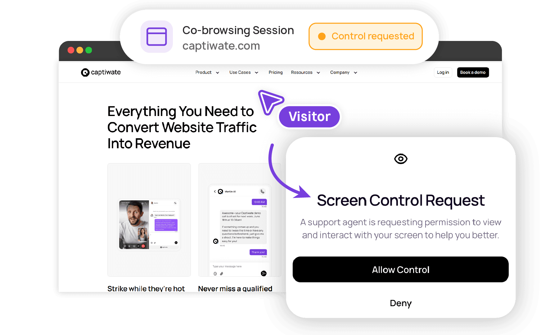 Screen control request prompt allowing customer to approve co-browsing